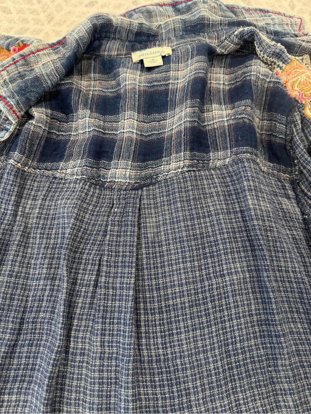 Sundance Embroidered Floral Plaid Button Down Tunic Top Blue Small Gauze Lagen - Picture 4 of 15